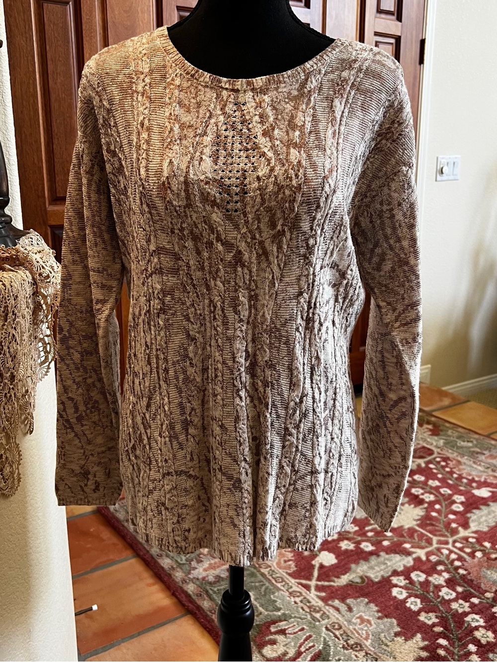 NIC+ZOE Cable Knit Sweater Women's M Crewneck Long Sleeve Pullover Tan Cream